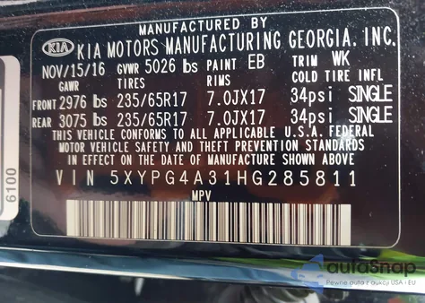 2017 Kia Sorento 2.4L L from USA, damaged, VIN 5XYPG4A31HG285811